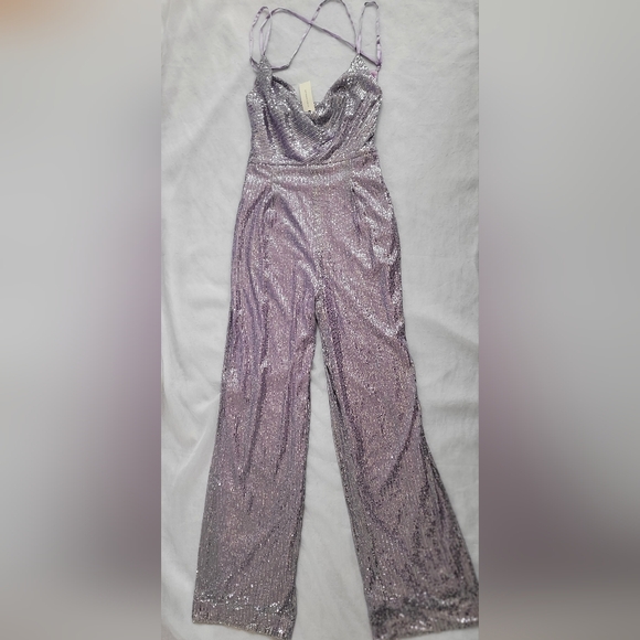 NWT!Anthro Sequin Cowl Neck Wide Leg Women's Chic Ranna Gill Purple Jumpsuit XS - Picture 9 of 17